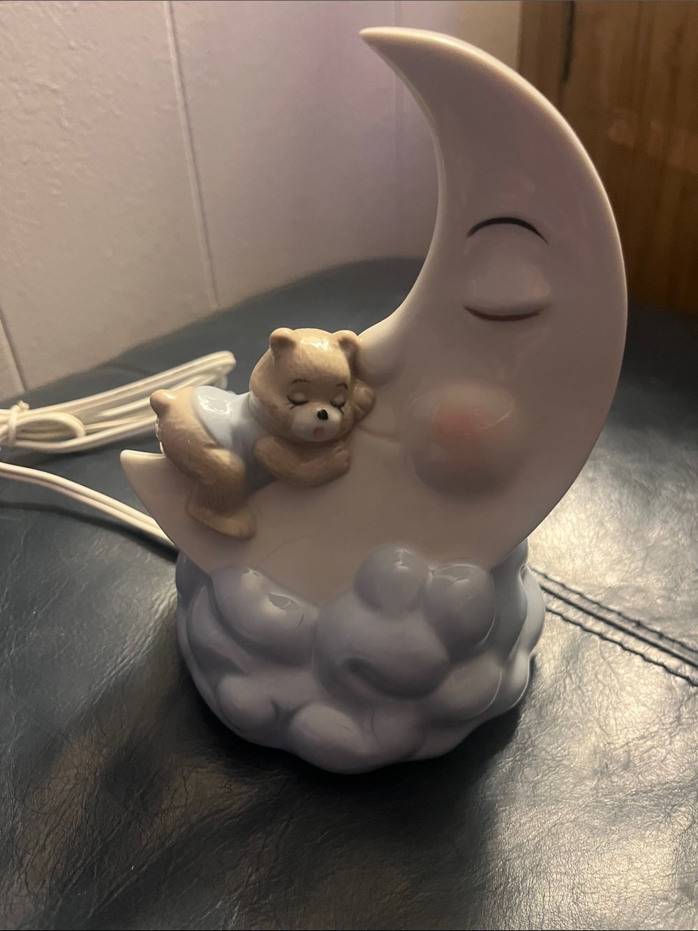 Ceramic Moon & Sleeping Bear Night Light - White and Light Blue 7” tall